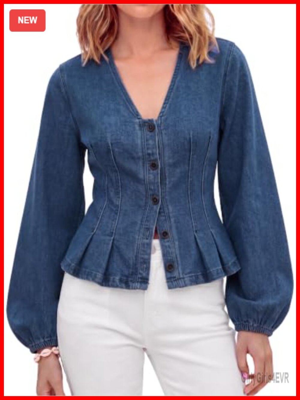 Women's Denim Button Down Shirt Fitted Puff Long Sleeve Peplum Top